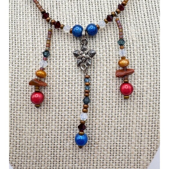 Handcrafted Multicolor Beaded Necklace with Silver Tone Flower Accent Boho - Picture 5 of 6